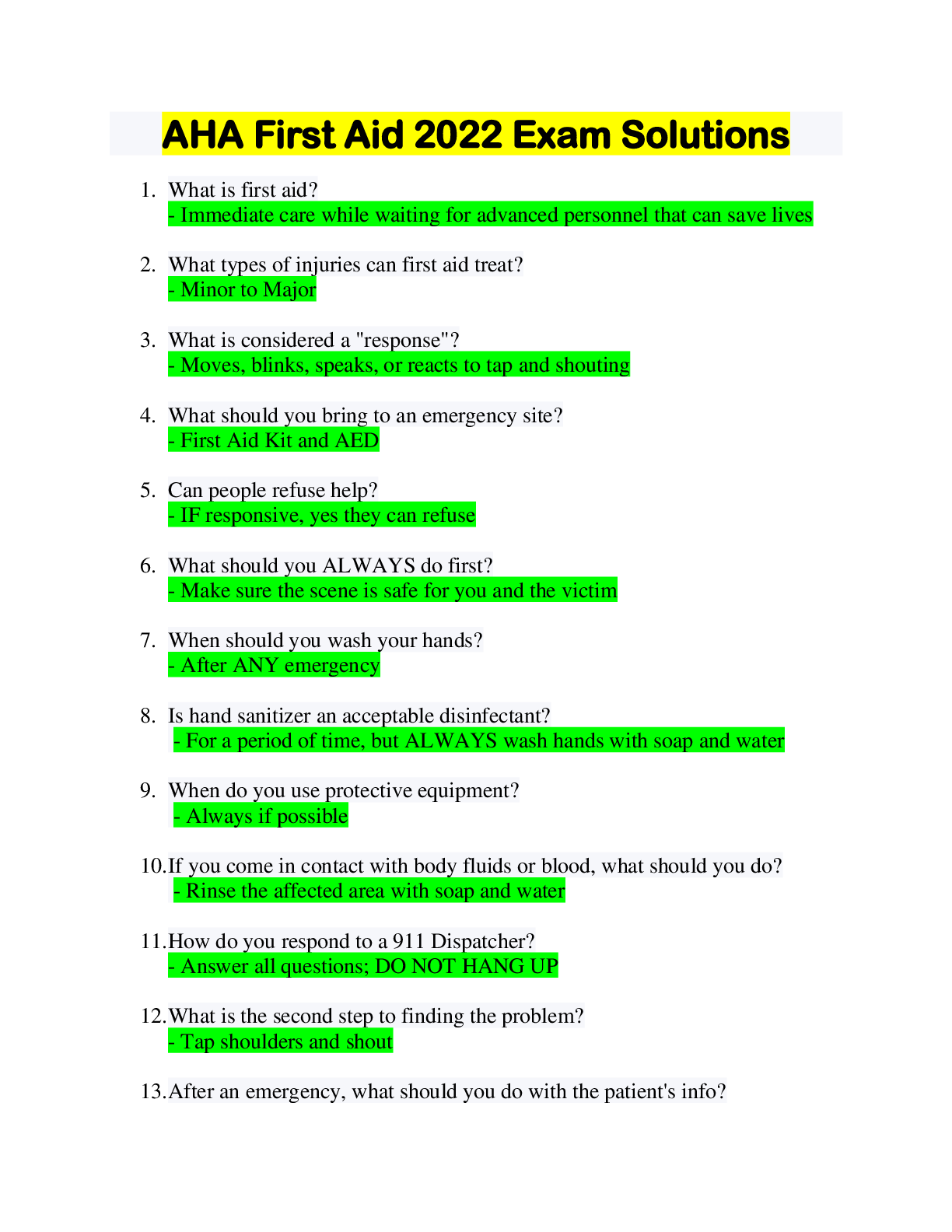 AHA Heartsaver First Aid Exam Review guide_Latest 2022(answered)